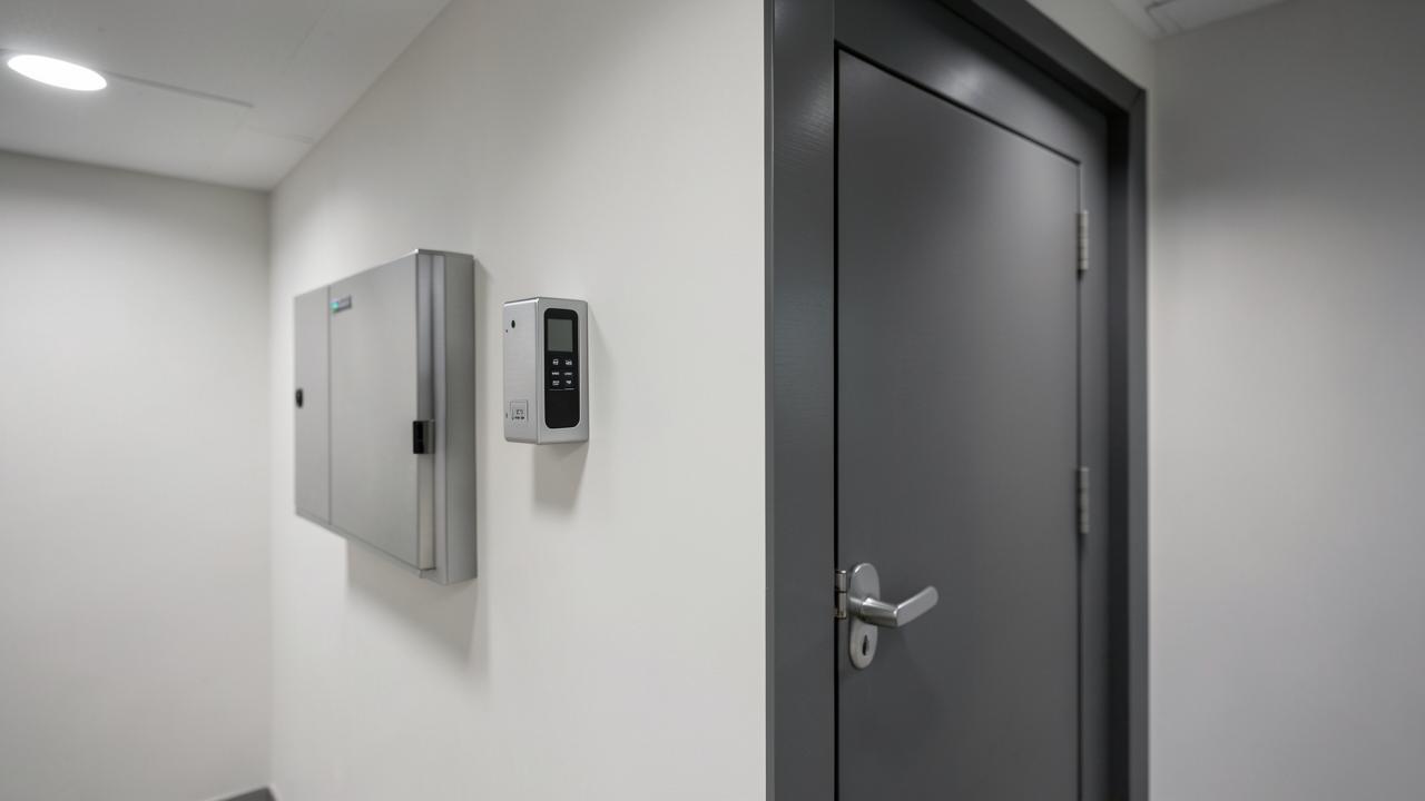 Leitor de acesso e quadro de alimentação instalados na parede ao lado de uma porta metálica