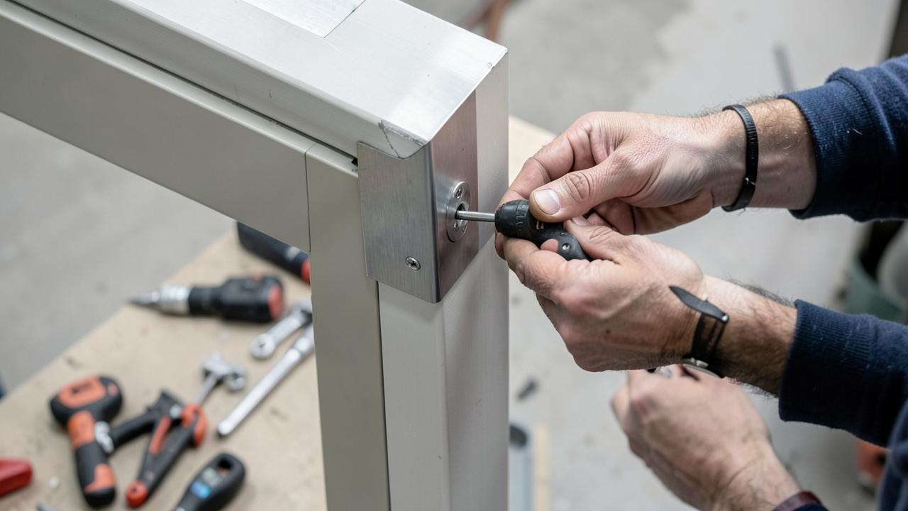 Instalador fixando suporte metálico no perfil superior de uma porta