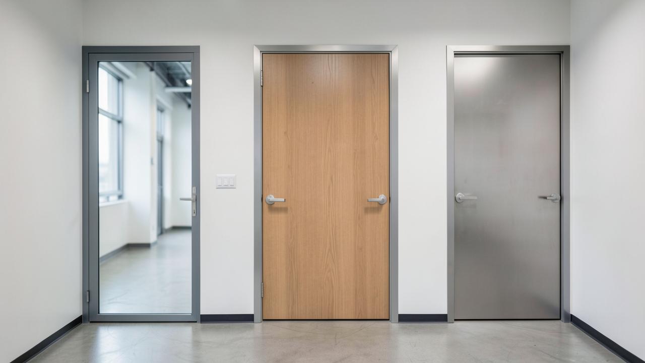 Três portas em um corredor corporativo: uma de vidro, uma de madeira e uma metálica, lado a lado