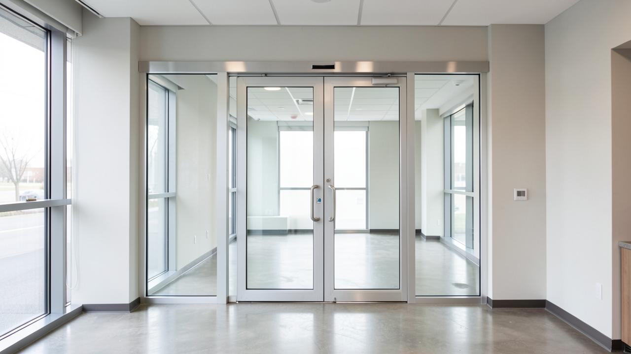 Porta de vidro temperado com perfil de alumínio em um lobby corporativo moderno